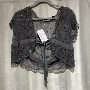 Dana Buchman Black Short Sleeve Mesh, Beaded and Sequin Top