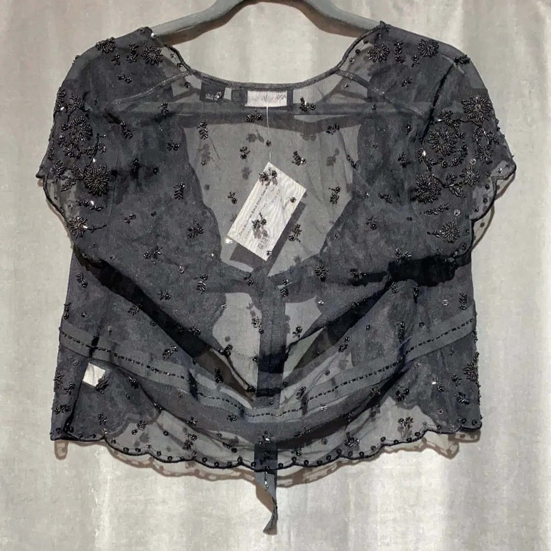 Dana Buchman Black Short Sleeve Mesh, Beaded and Sequin Top