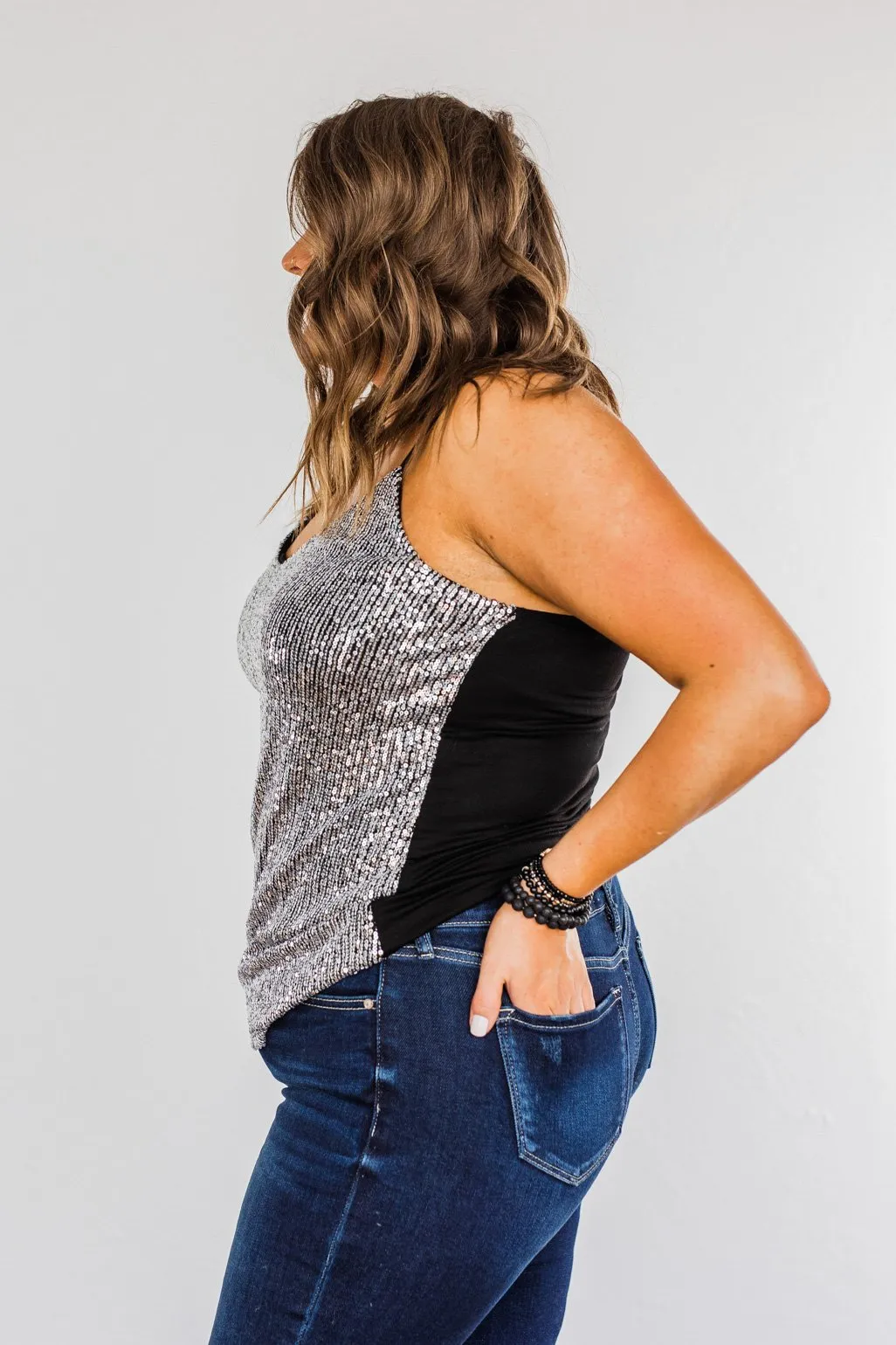 Dance Through The Night Sequin Tank Top- Black & Silver