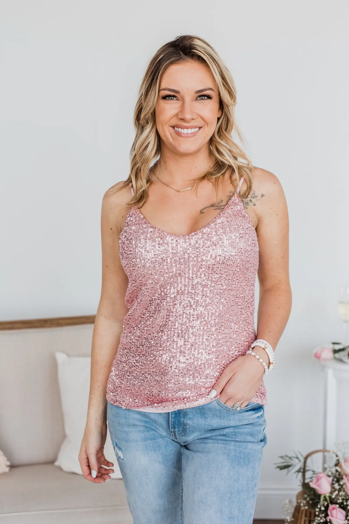Dance Through The Night Sequin Tank Top- Pink