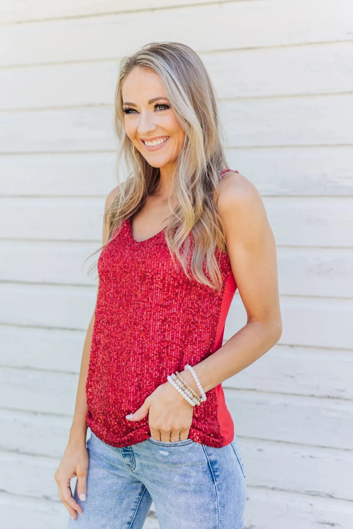 Dance Through The Night Sequin Tank Top- Red
