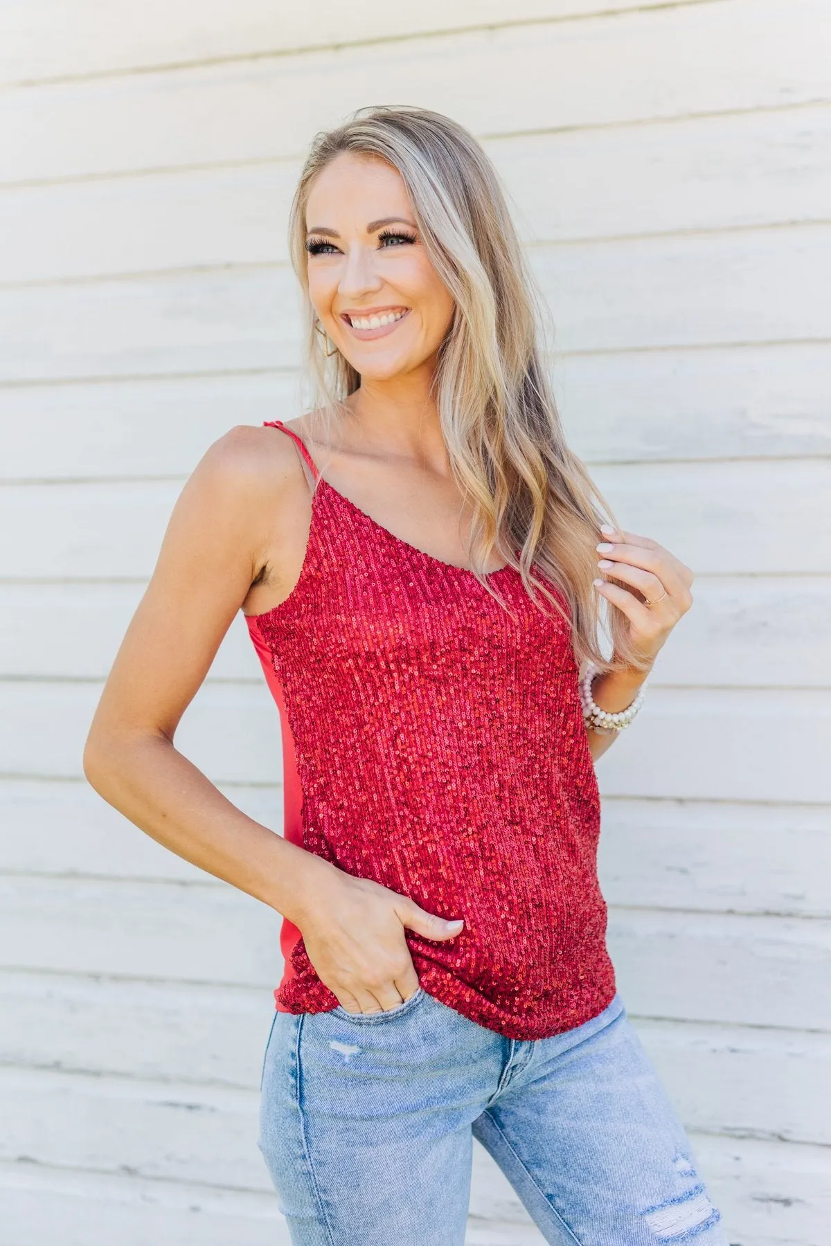 Dance Through The Night Sequin Tank Top- Red