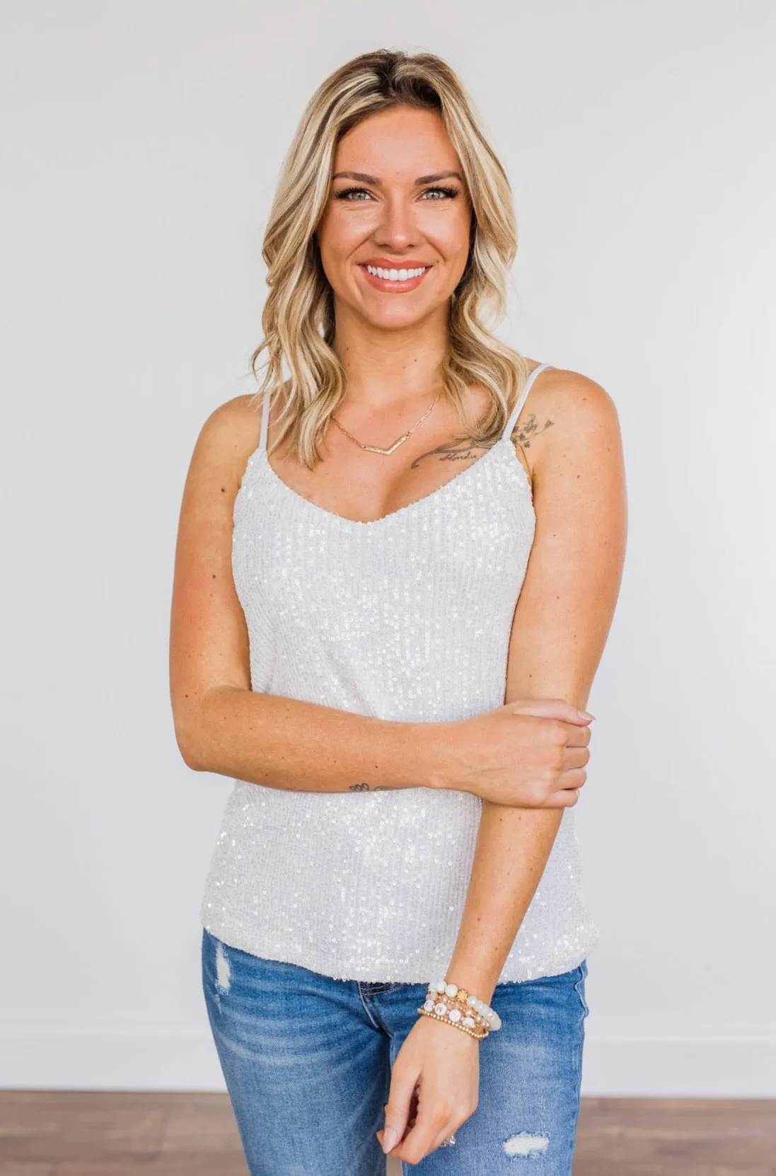 Dance Through The Night Sequin Tank Top- White