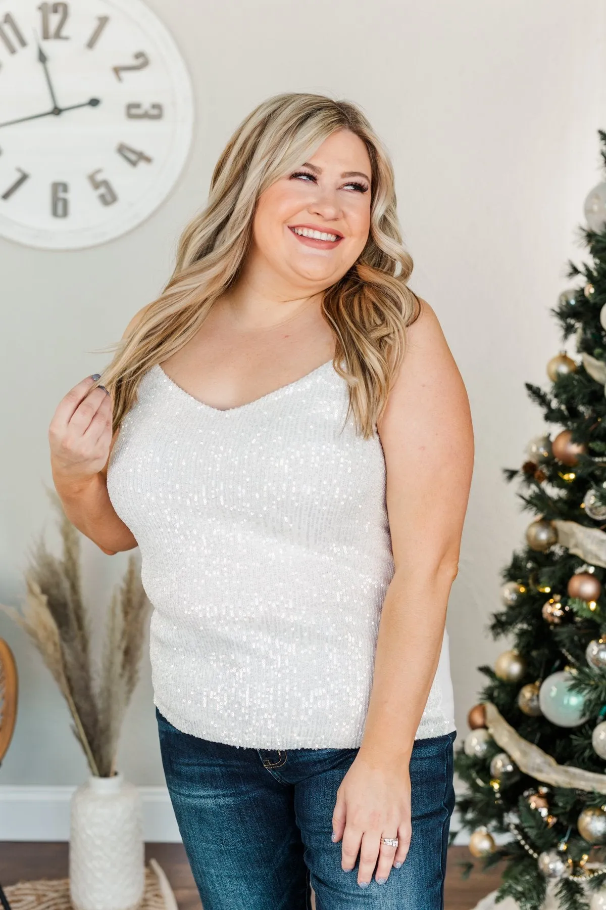 Dance Through The Night Sequin Tank Top- White