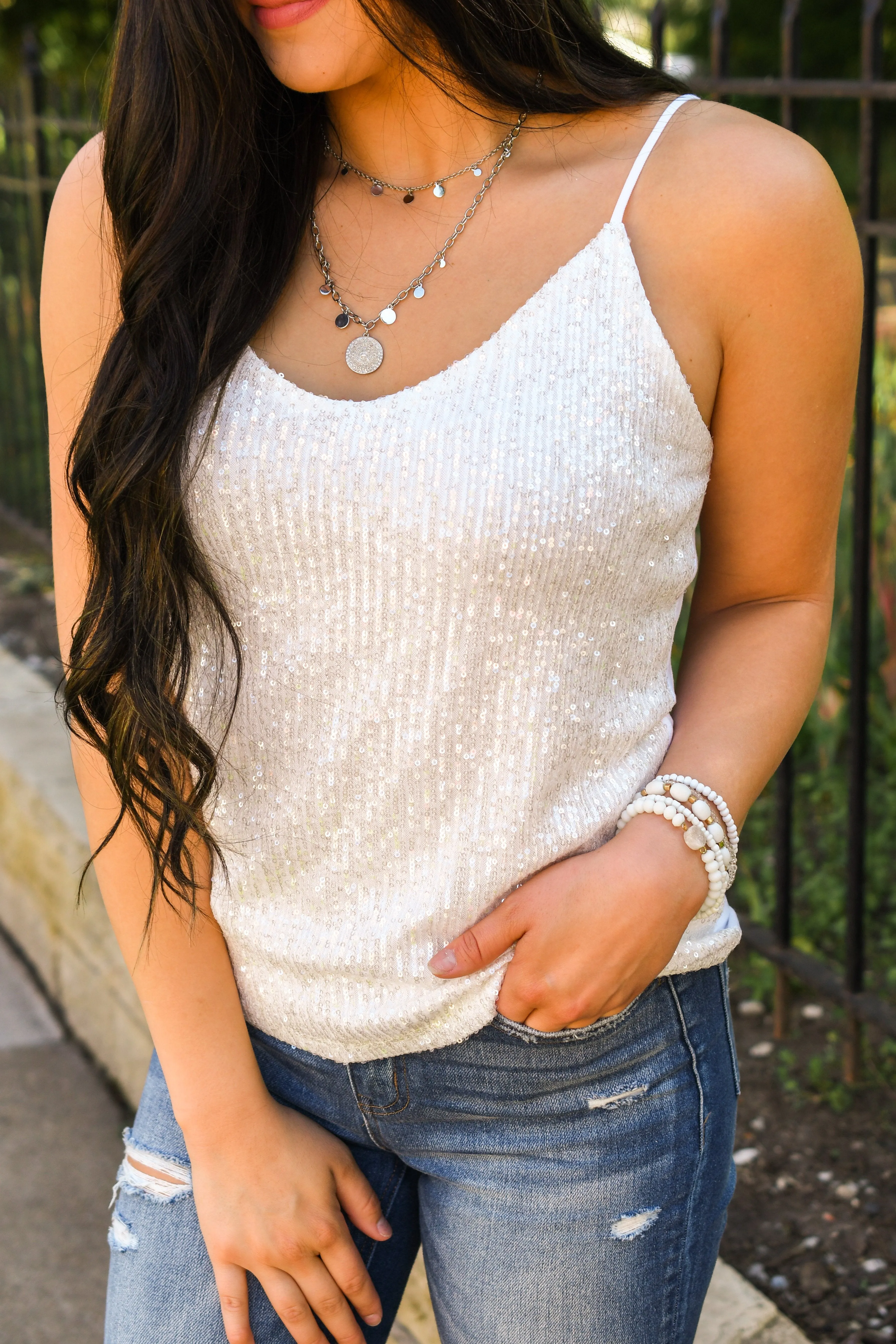 Dance Through The Night Sequin Tank Top- White