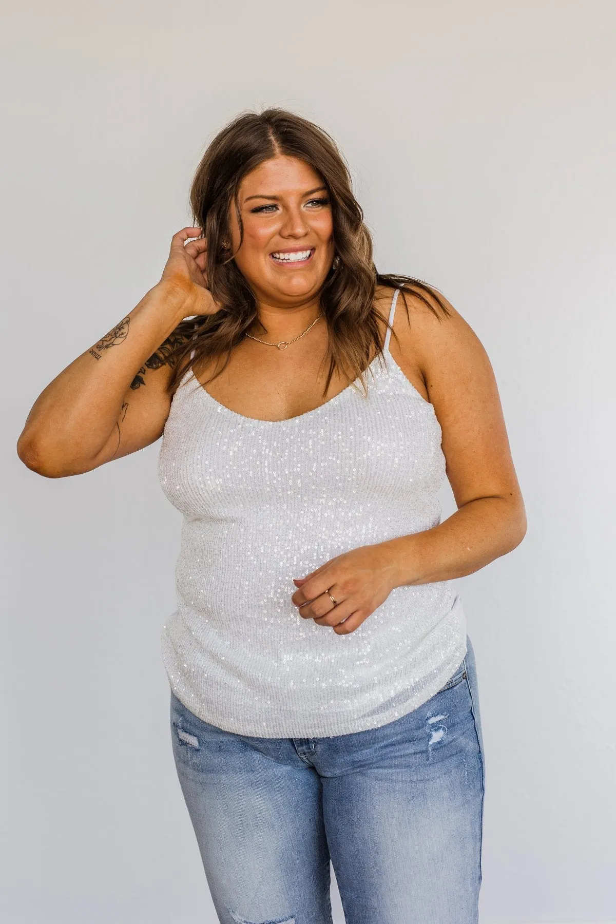 Dance Through The Night Sequin Tank Top- White