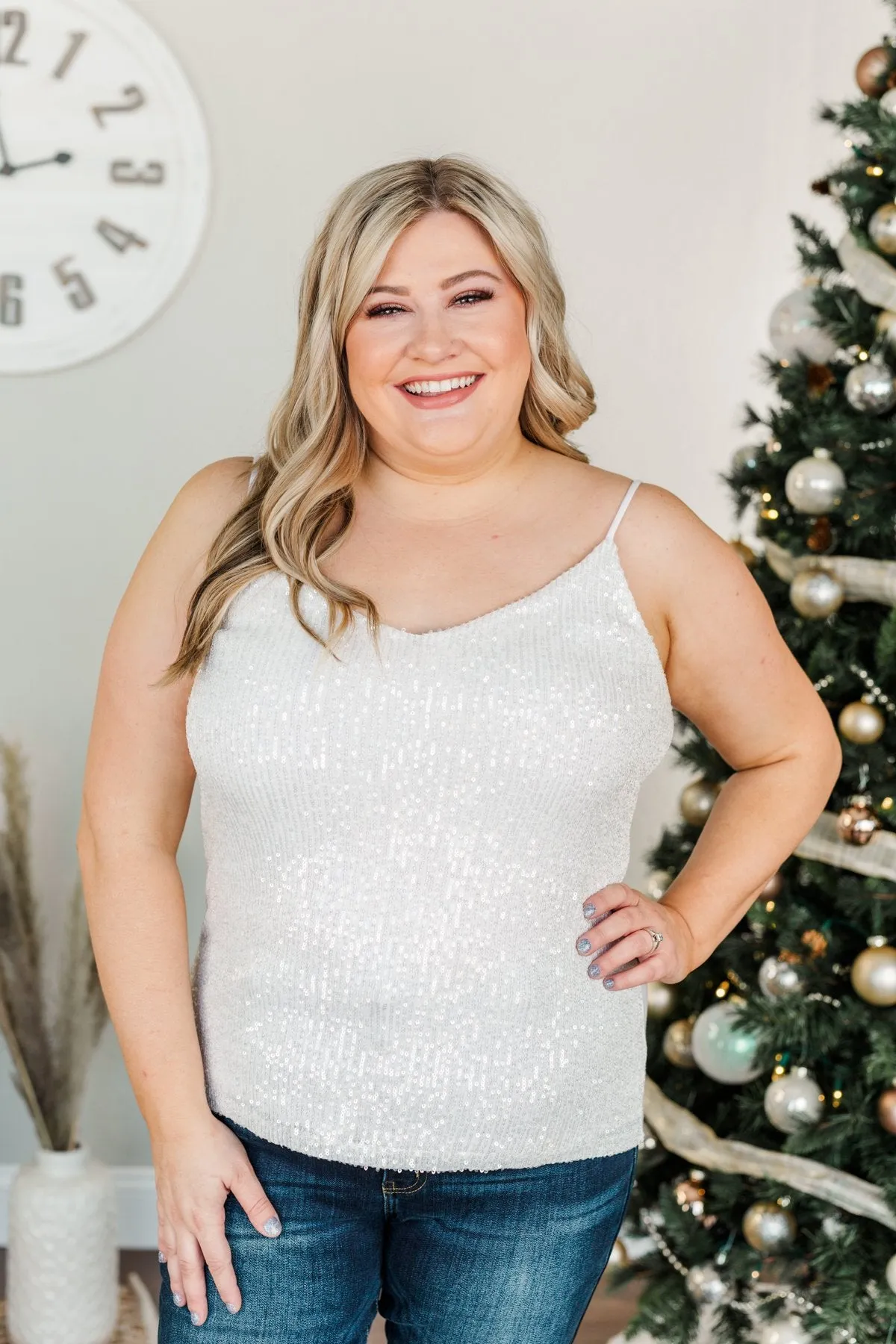 Dance Through The Night Sequin Tank Top- White