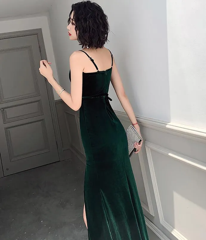 Dark Green Velvet Long Straps Floor Length Party Dress, Green Prom Dress Formal Dress