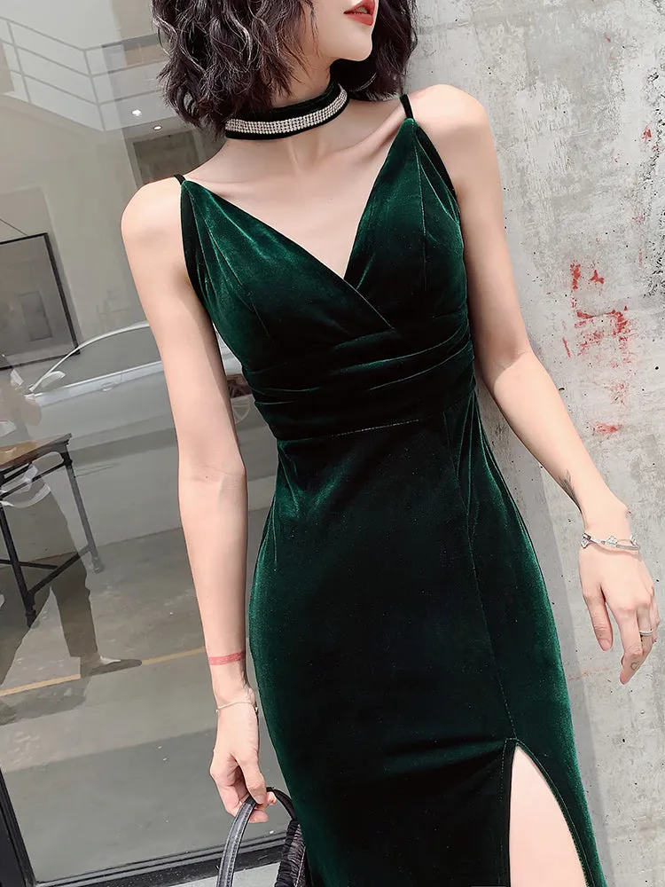 Dark Green Velvet Long Straps Floor Length Party Dress, Green Prom Dress Formal Dress