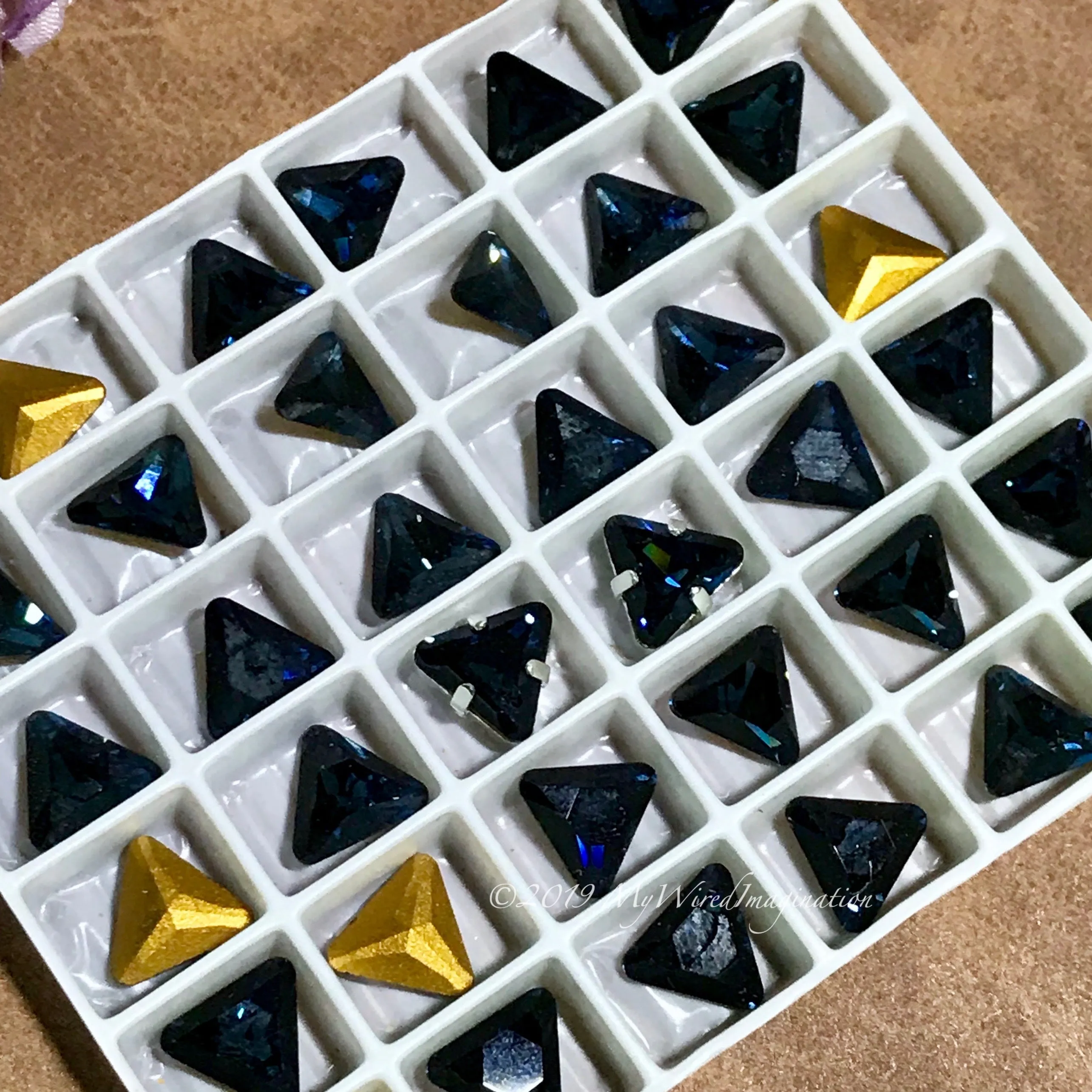 Dark Montana Sapphire - 2 Pcs, Rare Swarovski Crystal 8mm Triangle Art 4722, with Setting