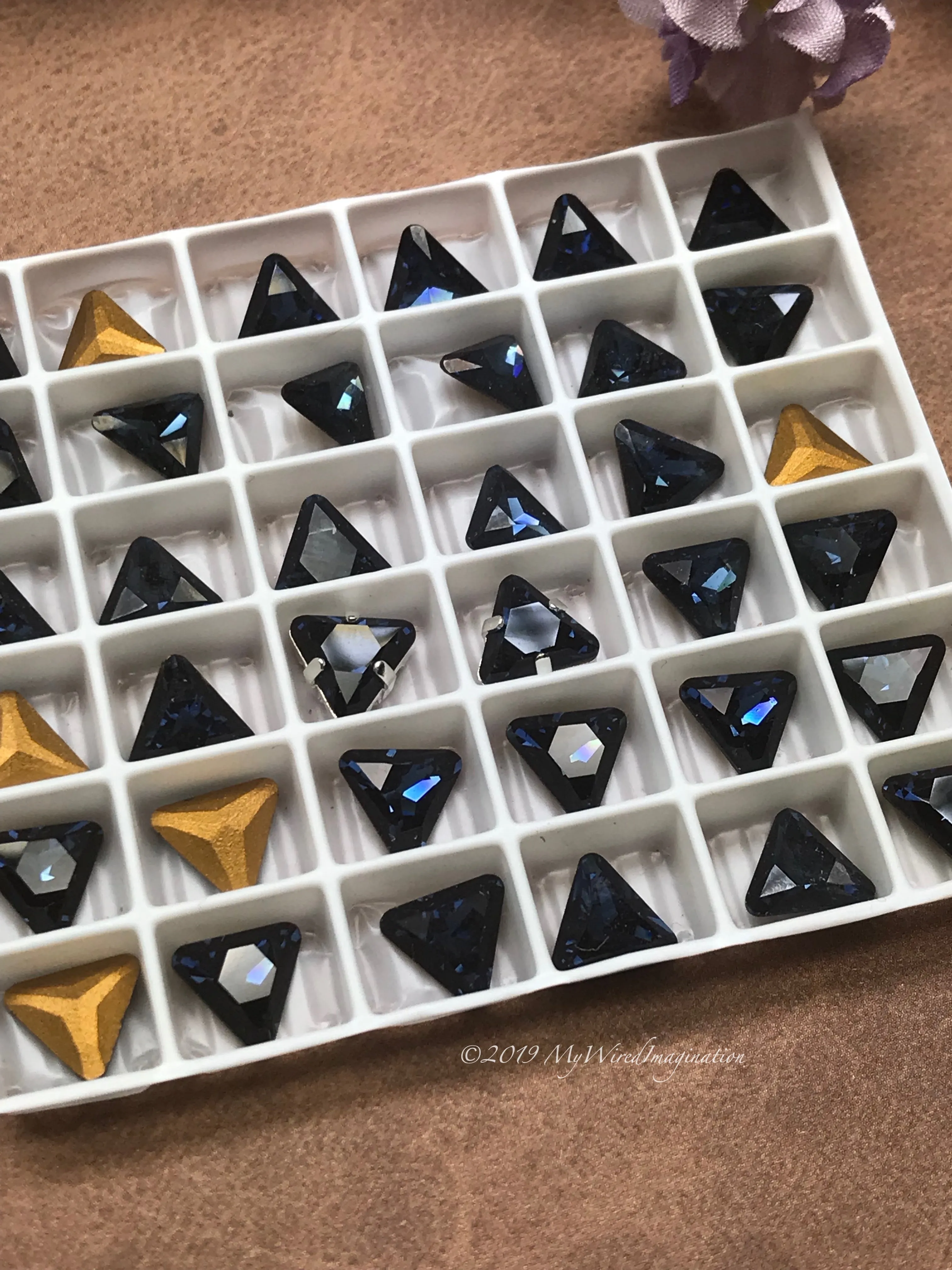 Dark Montana Sapphire - 2 Pcs, Rare Swarovski Crystal 8mm Triangle Art 4722, with Setting
