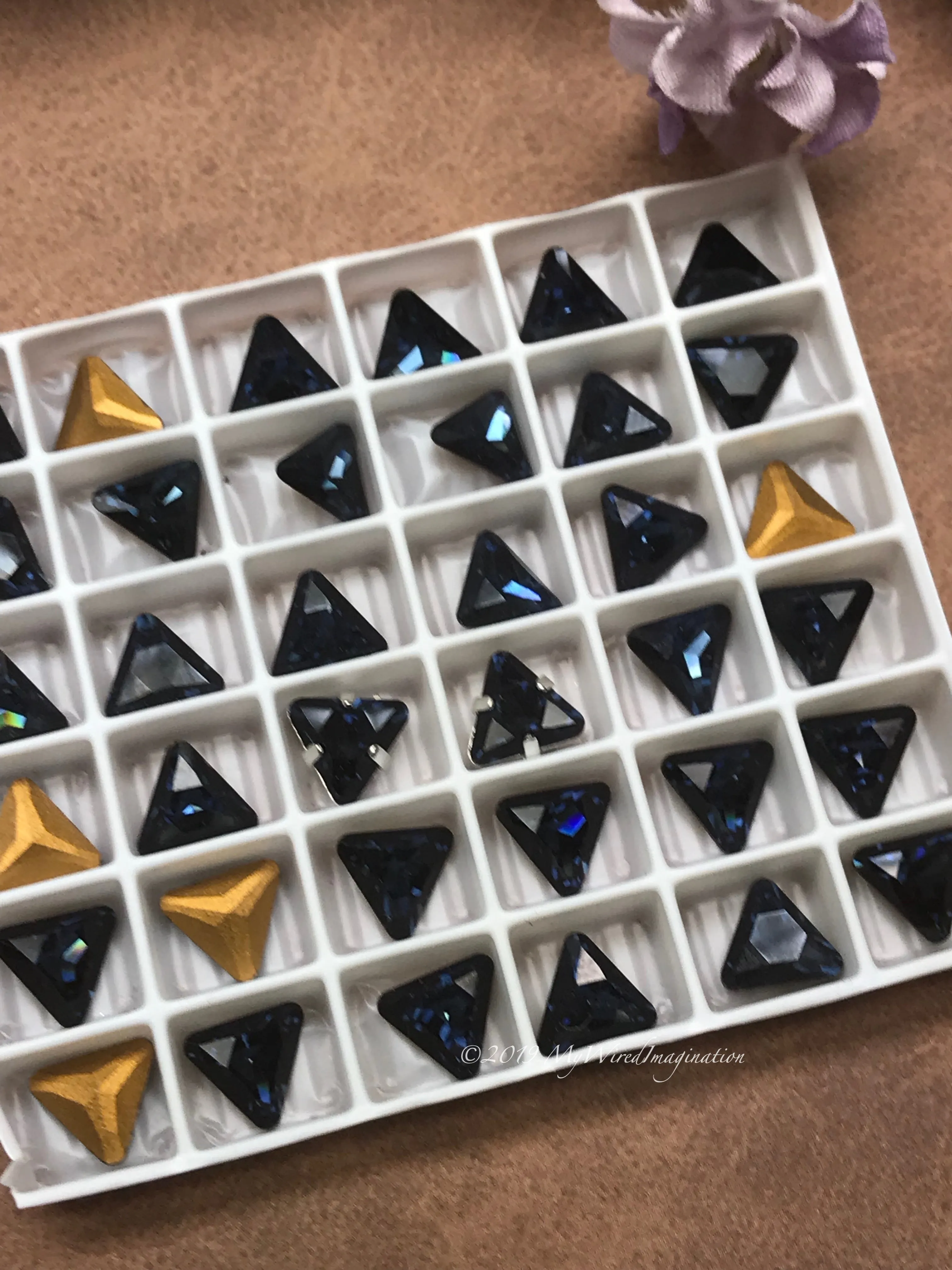 Dark Montana Sapphire - 2 Pcs, Rare Swarovski Crystal 8mm Triangle Art 4722, with Setting