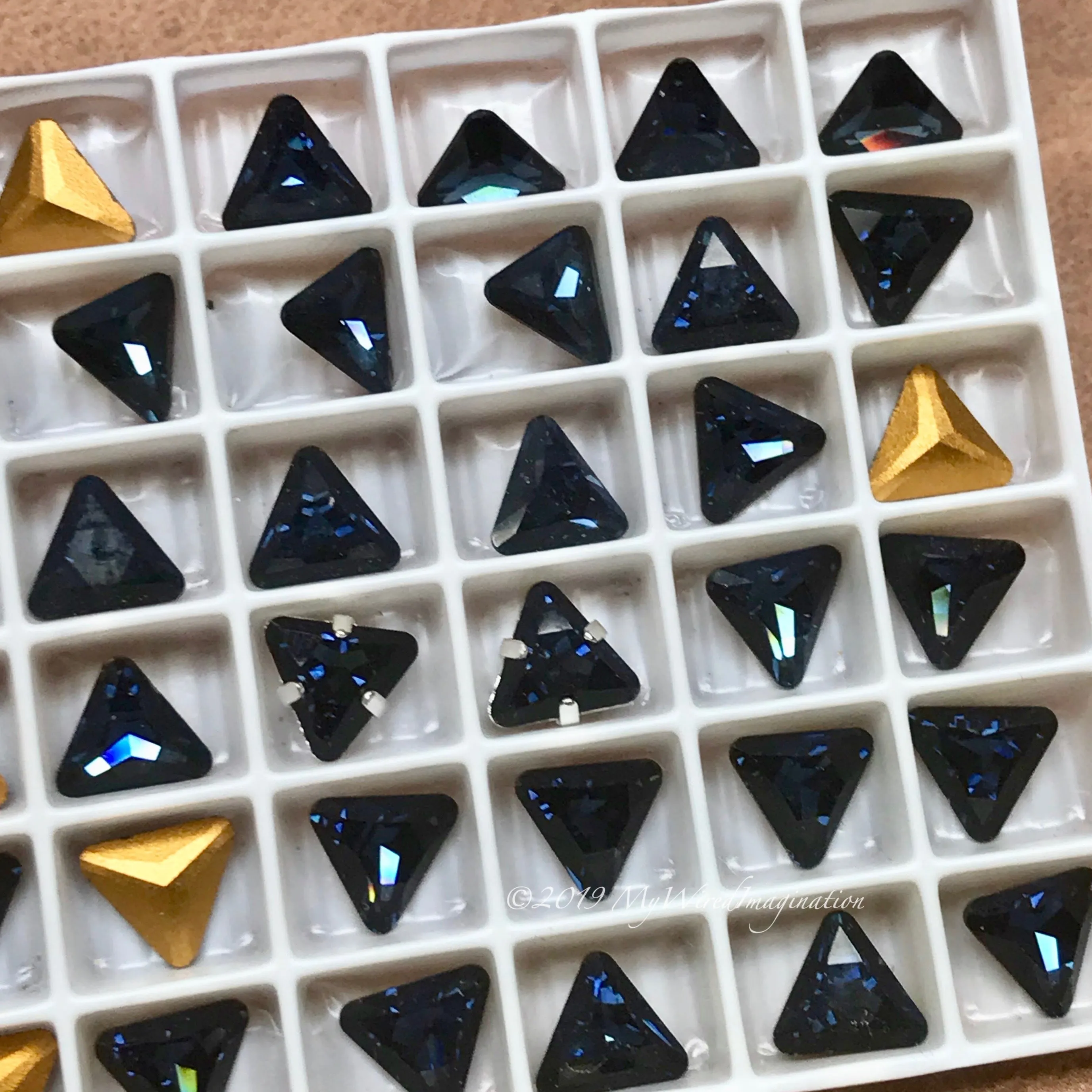 Dark Montana Sapphire - 2 Pcs, Rare Swarovski Crystal 8mm Triangle Art 4722, with Setting