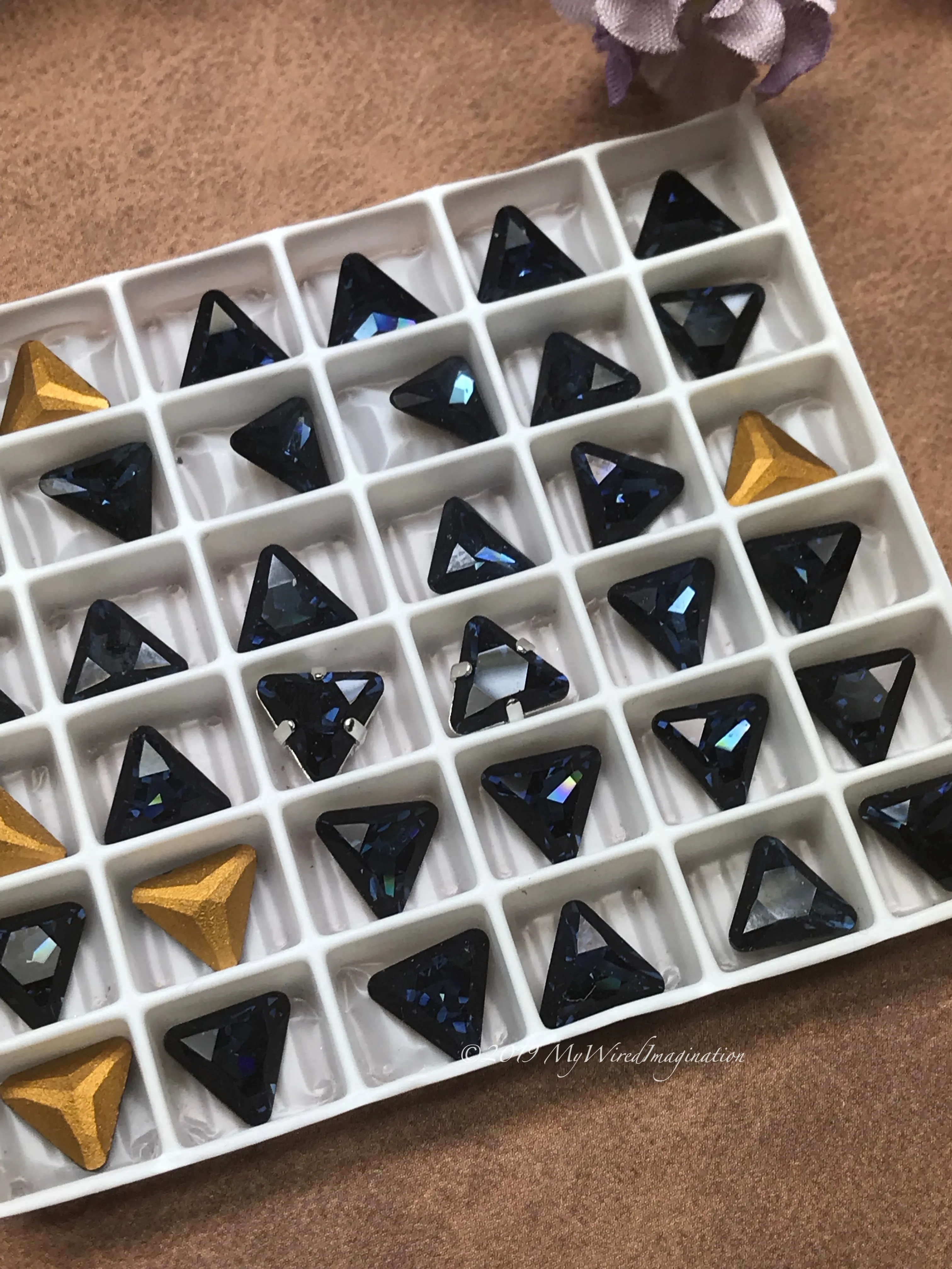 Dark Montana Sapphire - 2 Pcs, Rare Swarovski Crystal 8mm Triangle Art 4722, with Setting