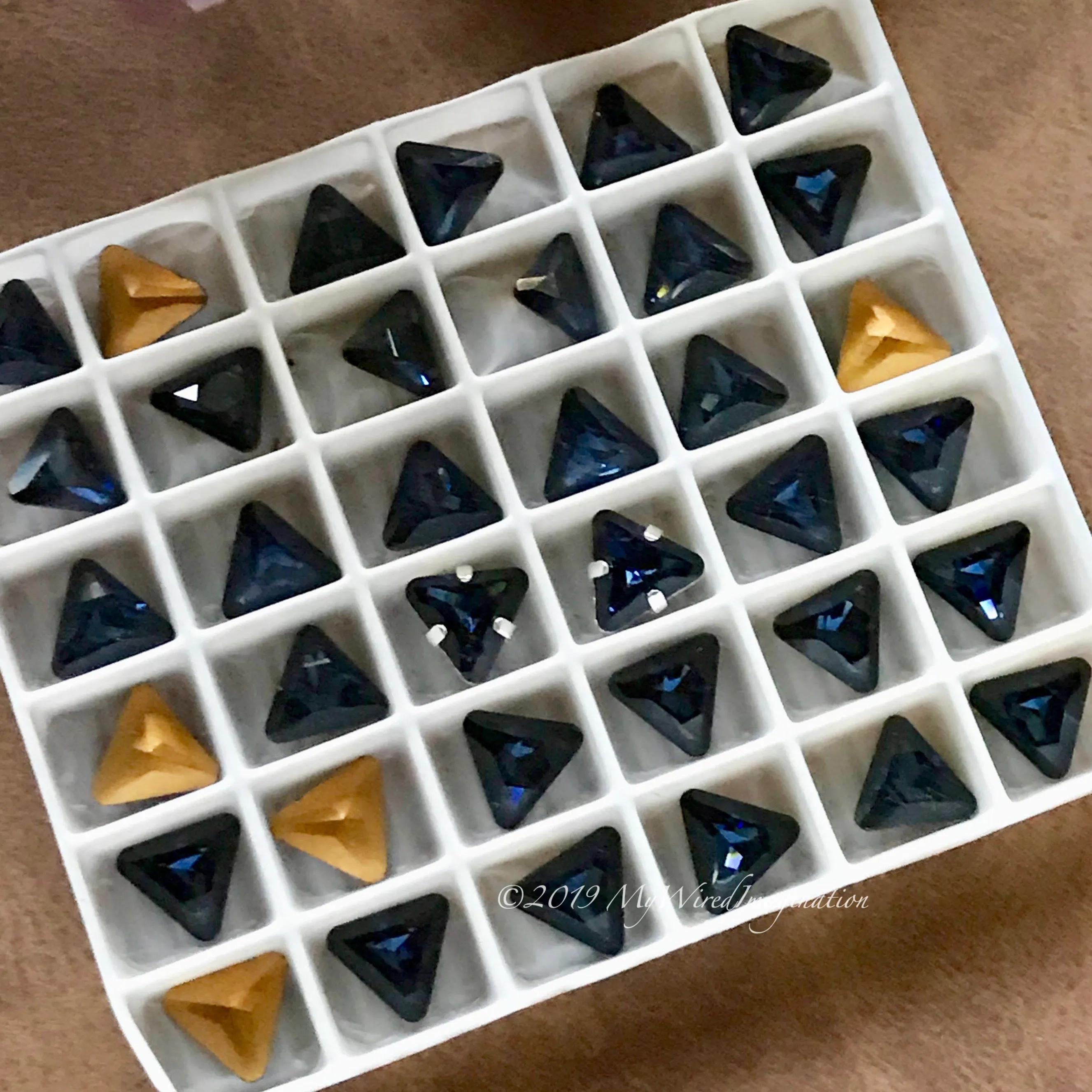 Dark Montana Sapphire - 2 Pcs, Rare Swarovski Crystal 8mm Triangle Art 4722, with Setting