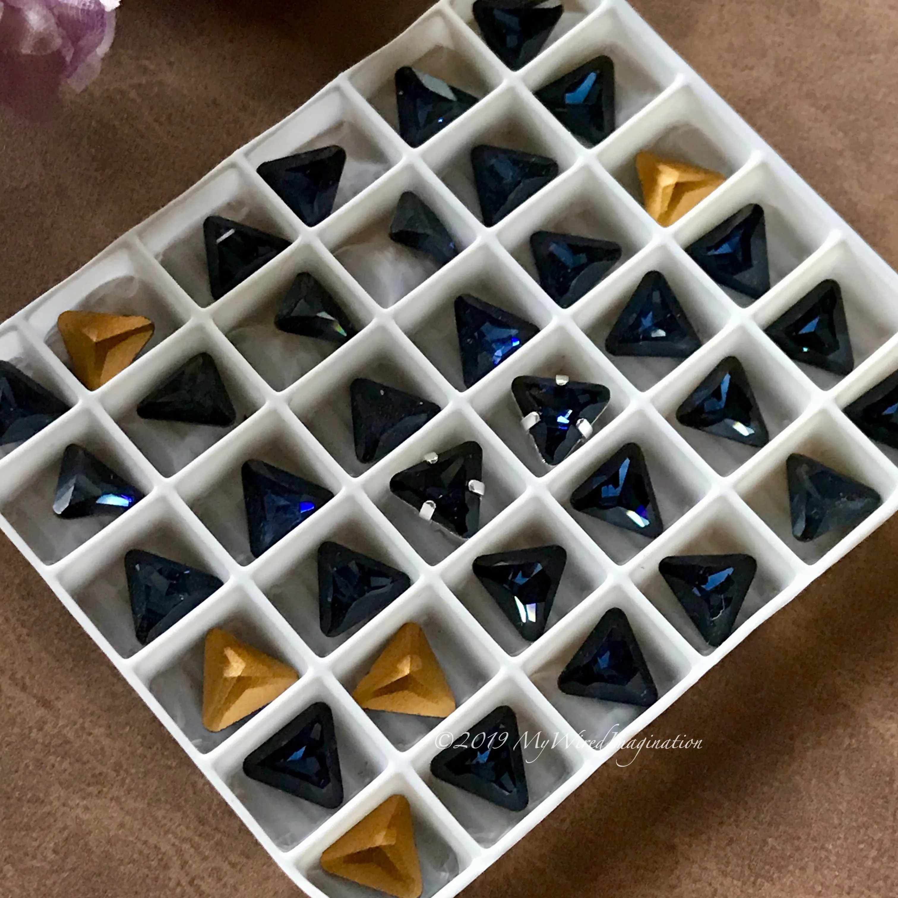 Dark Montana Sapphire - 2 Pcs, Rare Swarovski Crystal 8mm Triangle Art 4722, with Setting