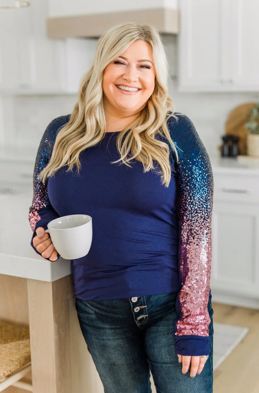 Dazzling Days Long Sleeve Sequin Top- Navy & Pink