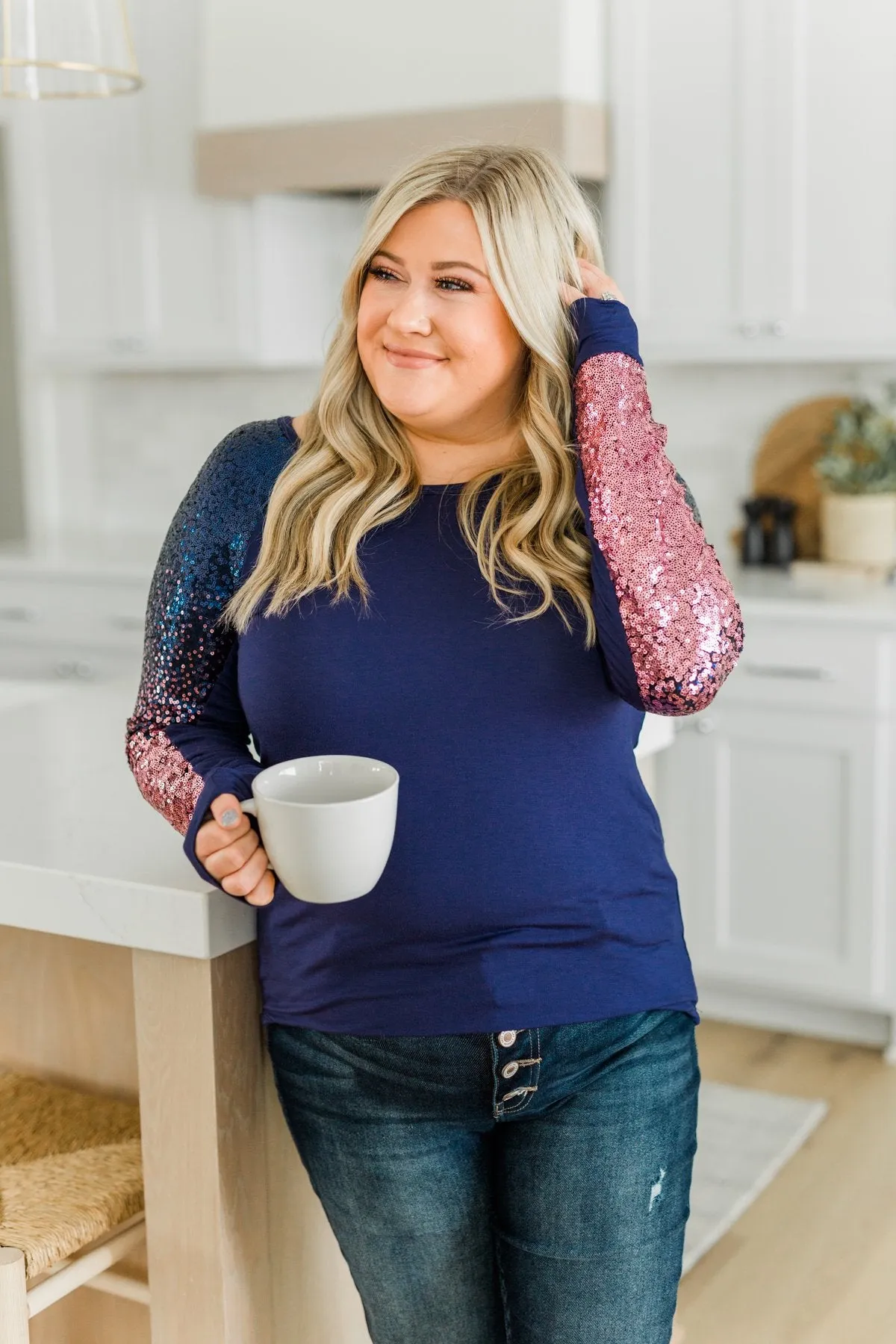 Dazzling Days Long Sleeve Sequin Top- Navy & Pink