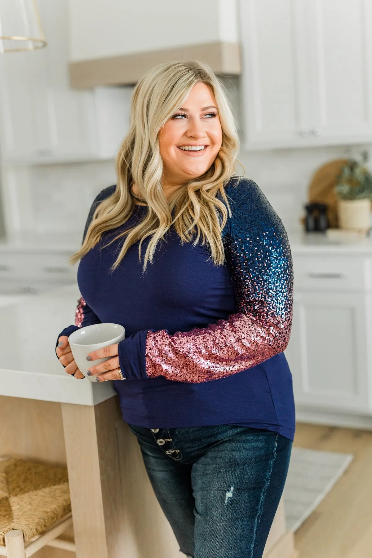 Dazzling Days Long Sleeve Sequin Top- Navy & Pink