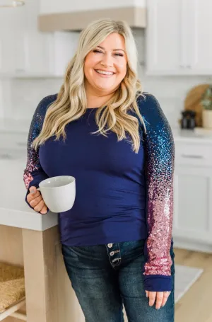 Dazzling Days Long Sleeve Sequin Top- Navy & Pink