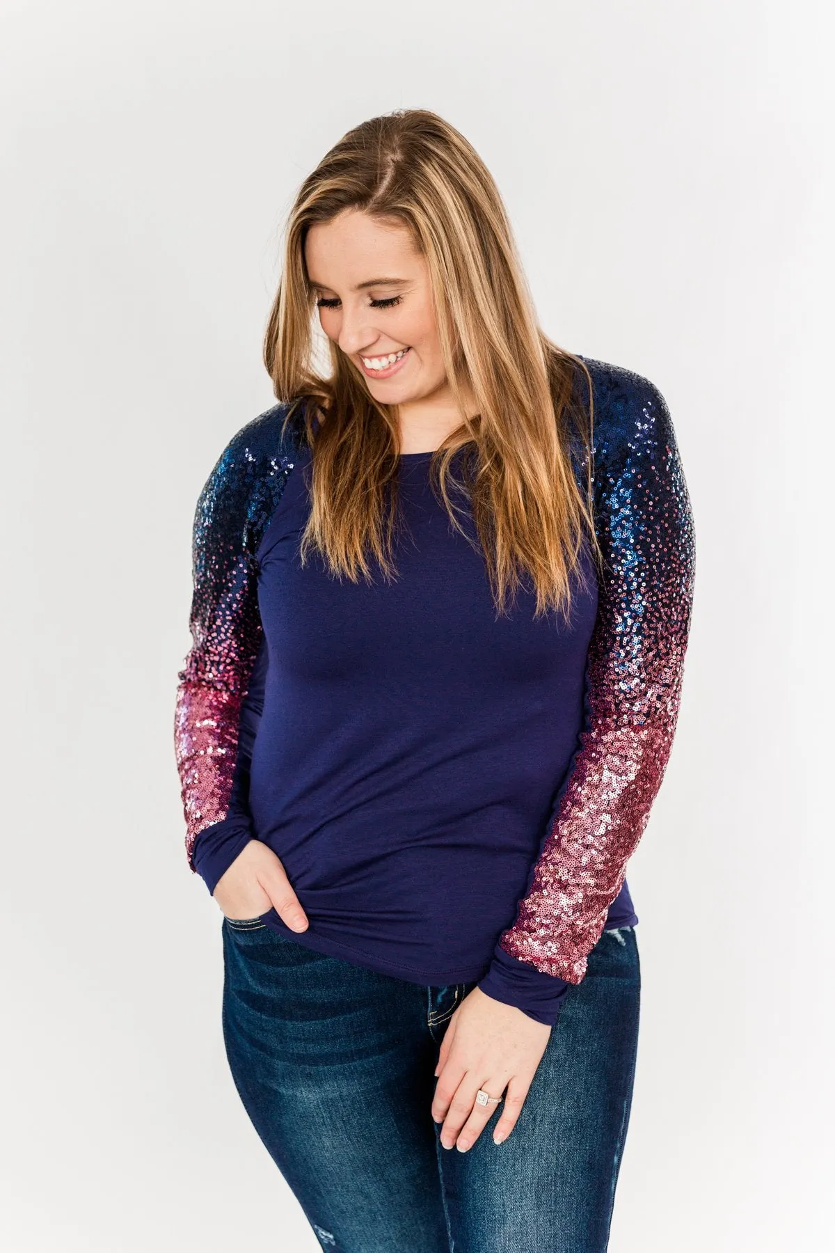 Dazzling Days Long Sleeve Sequin Top- Navy & Pink