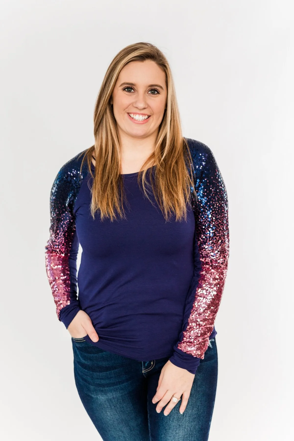 Dazzling Days Long Sleeve Sequin Top- Navy & Pink