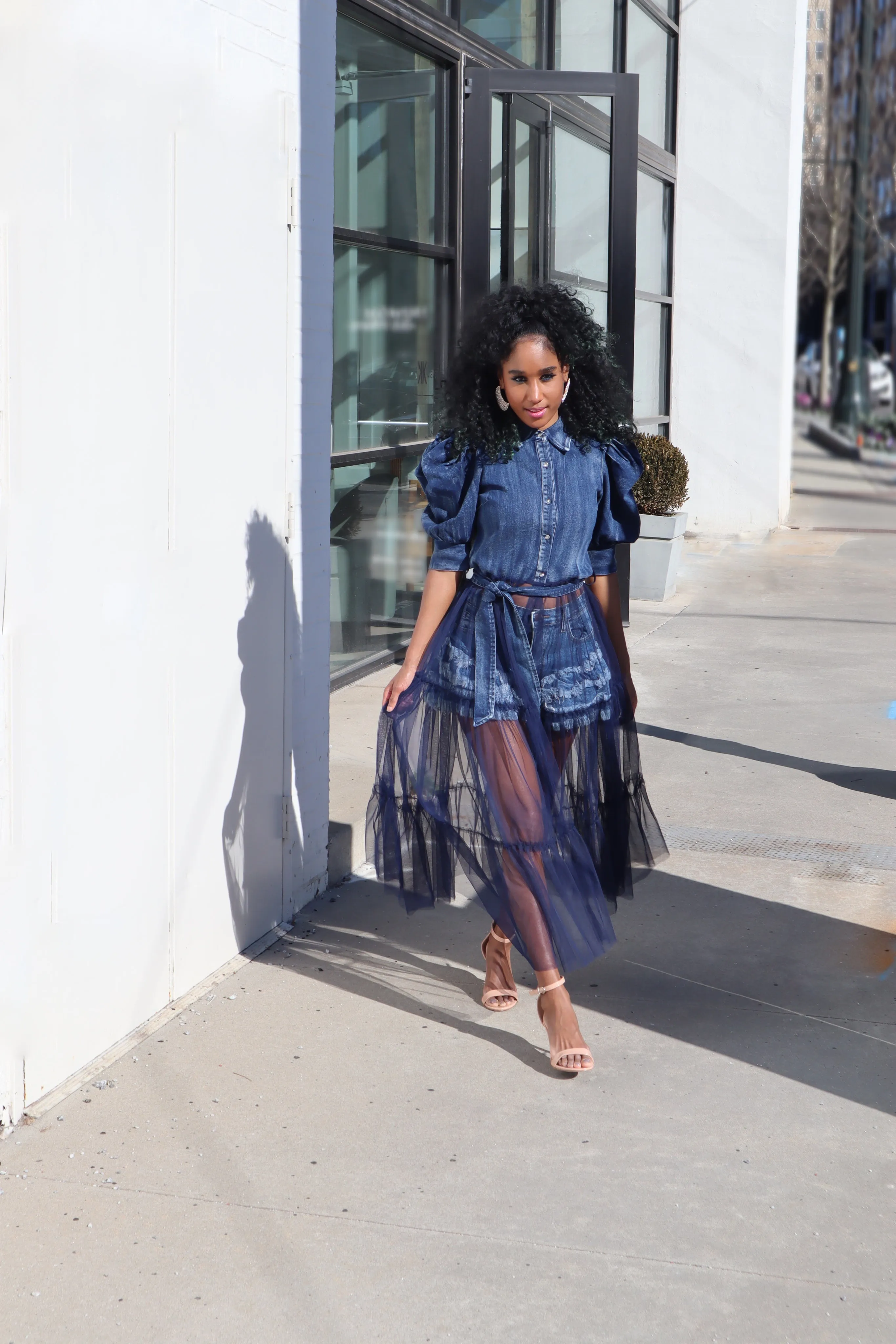 Denim Tulle Top