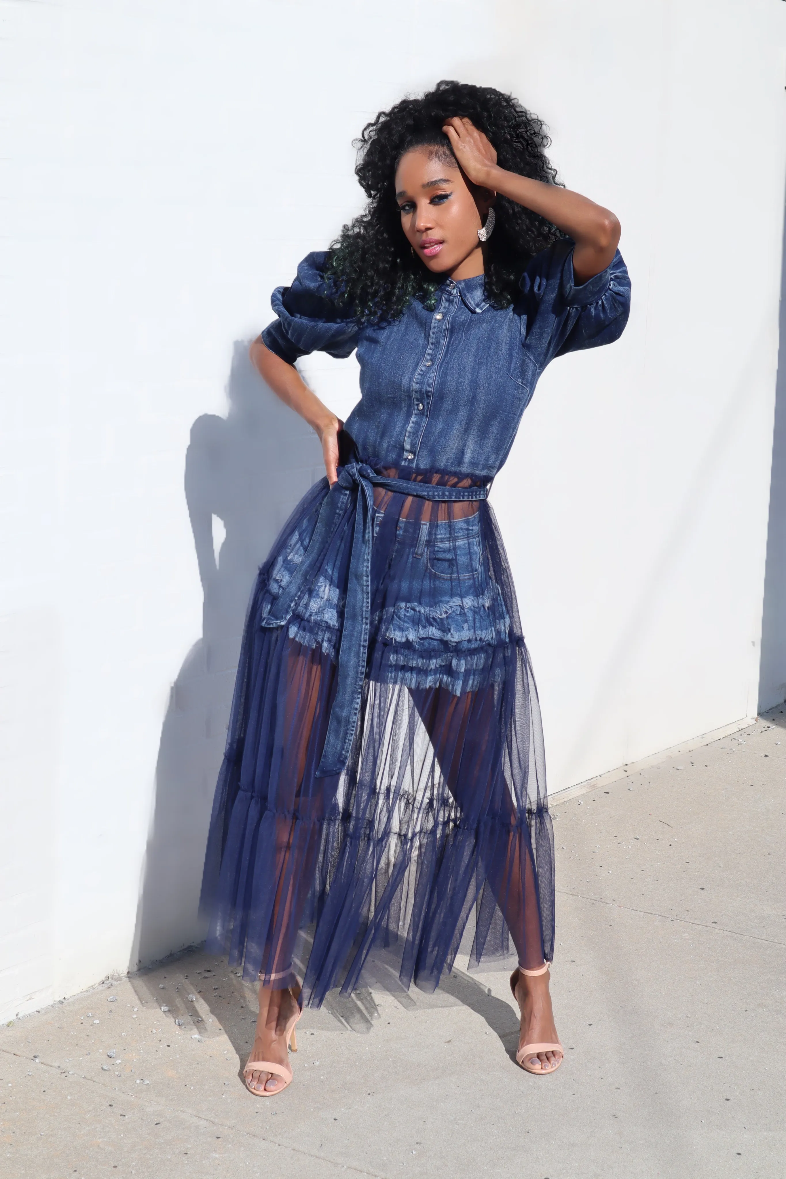 Denim Tulle Top