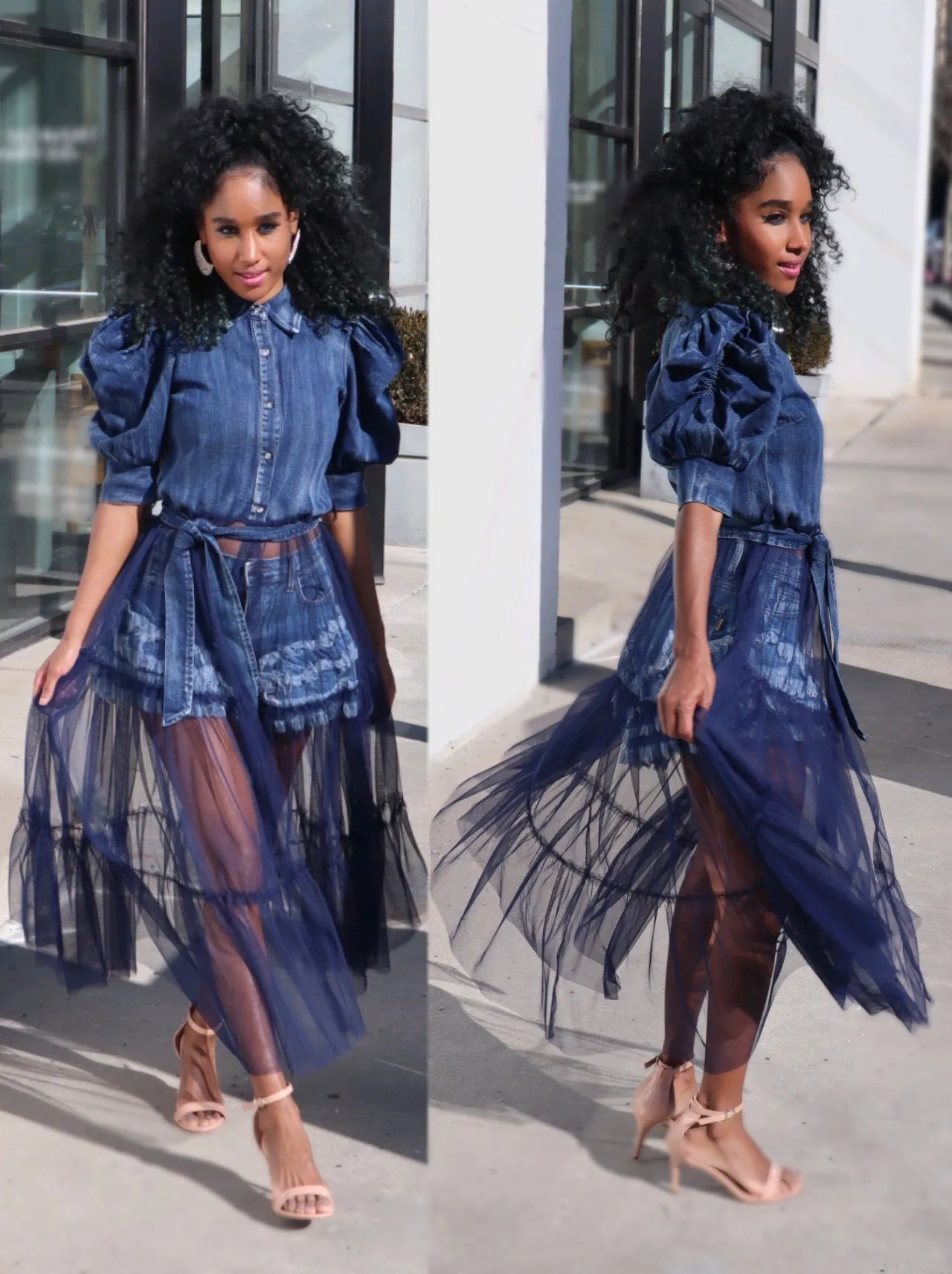 Denim Tulle Top