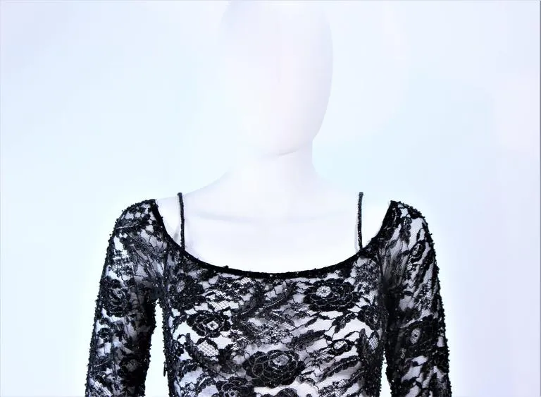 DONNA KARAN Black Lace Beaded Wool Gown Size 4-6