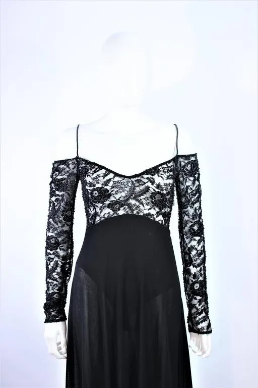 DONNA KARAN Black Lace Beaded Wool Gown Size 4-6