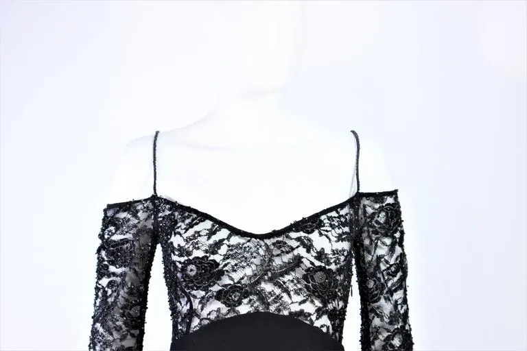 DONNA KARAN Black Lace Beaded Wool Gown Size 4-6