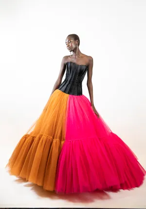 Drop Waist Color Block Tulle Ball Gown