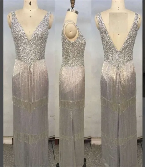 Dubai Design Grey Sexy Deep-V Evening Dresss Sequined Beading Tassel Luxury Formal Dress