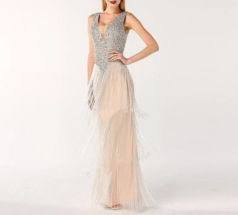 Dubai Design Grey Sexy Deep-V Evening Dresss Sequined Beading Tassel Luxury Formal Dress