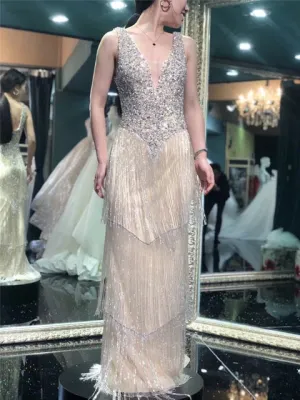 Dubai Design Grey Sexy Deep-V Evening Dresss Sequined Beading Tassel Luxury Formal Dress