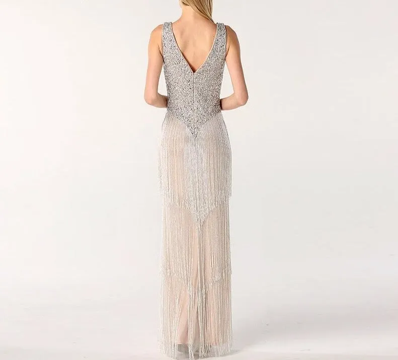 Dubai Design Grey Sexy Deep-V Evening Dresss Sequined Beading Tassel Luxury Formal Dress