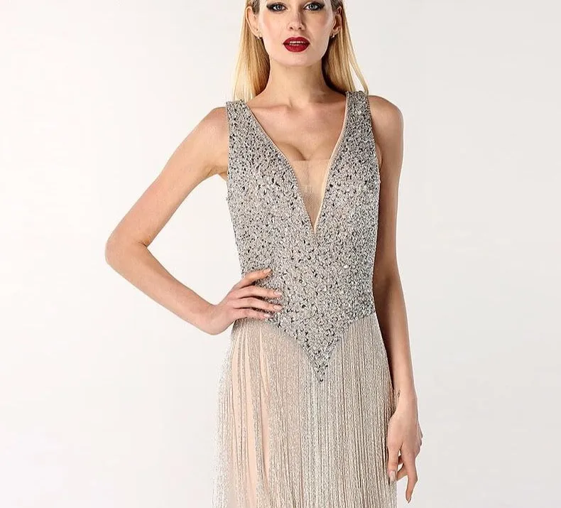 Dubai Design Grey Sexy Deep-V Evening Dresss Sequined Beading Tassel Luxury Formal Dress
