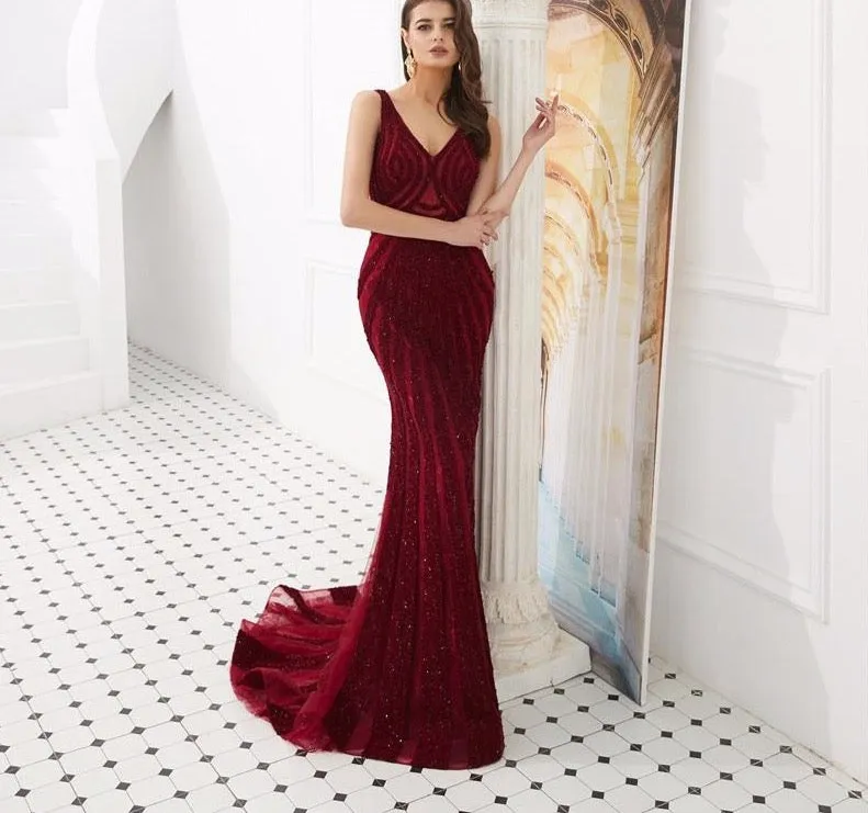 Dubai Wine Red Mermaid Luxury Evening Dresses Full Diamond V-Neck Formal Gowns