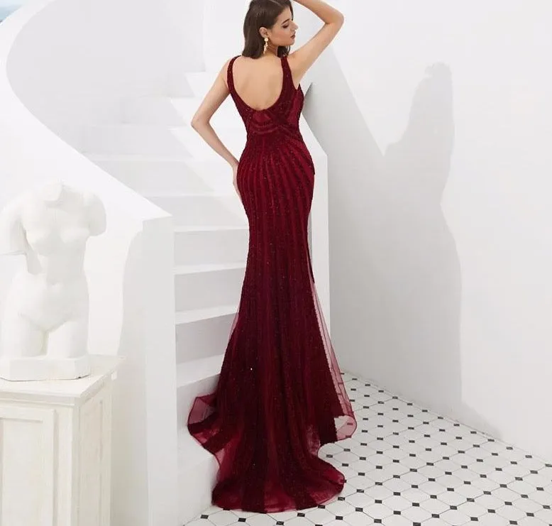 Dubai Wine Red Mermaid Luxury Evening Dresses Full Diamond V-Neck Formal Gowns