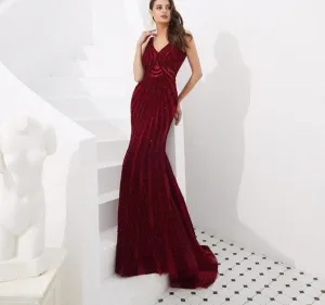 Dubai Wine Red Mermaid Luxury Evening Dresses Full Diamond V-Neck Formal Gowns