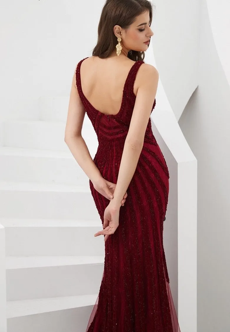 Dubai Wine Red Mermaid Luxury Evening Dresses Full Diamond V-Neck Formal Gowns