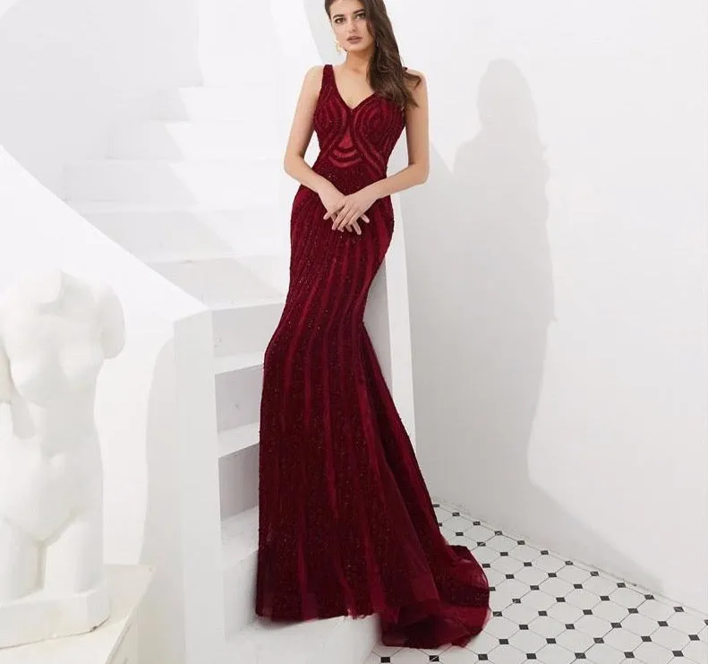Dubai Wine Red Mermaid Luxury Evening Dresses Full Diamond V-Neck Formal Gowns