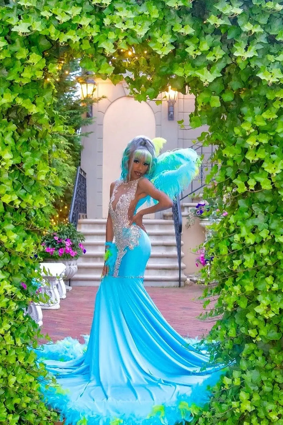 Elegant Blue Silver Sequined Feathers Mermaid Long Prom Dresses