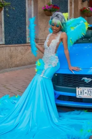Elegant Blue Silver Sequined Feathers Mermaid Long Prom Dresses
