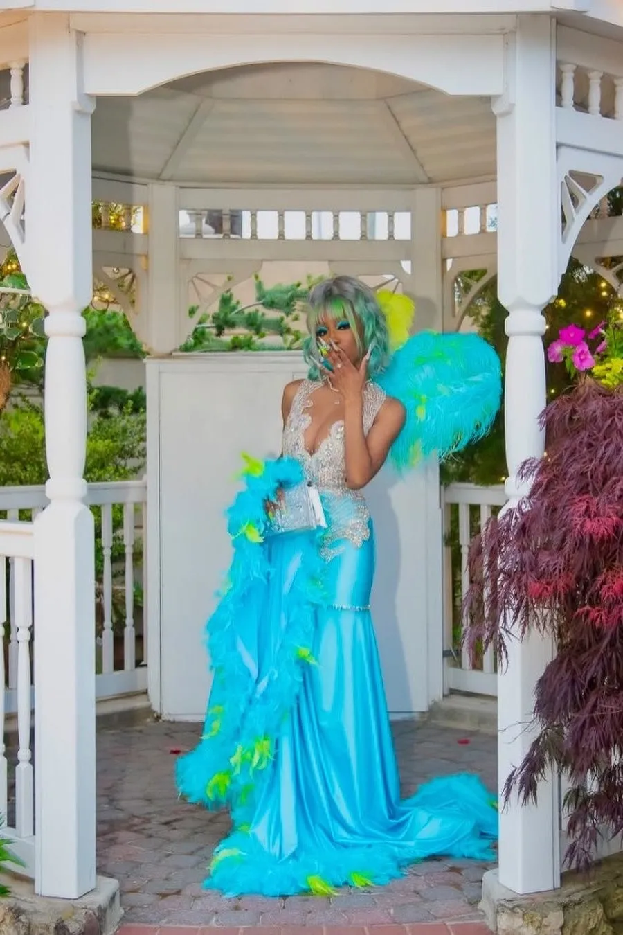 Elegant Blue Silver Sequined Feathers Mermaid Long Prom Dresses