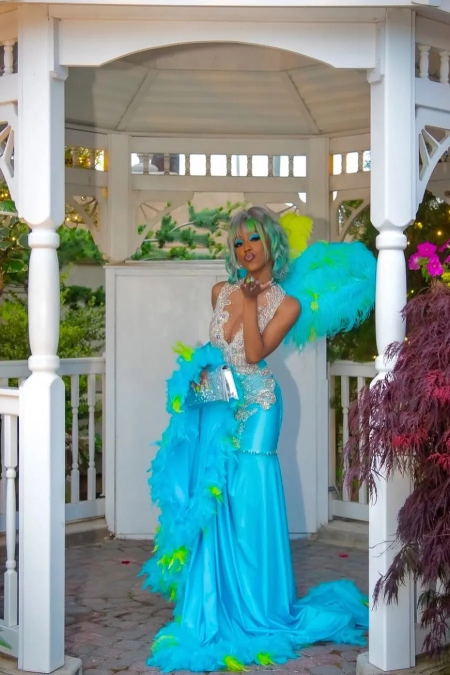 Elegant Blue Silver Sequined Feathers Mermaid Long Prom Dresses