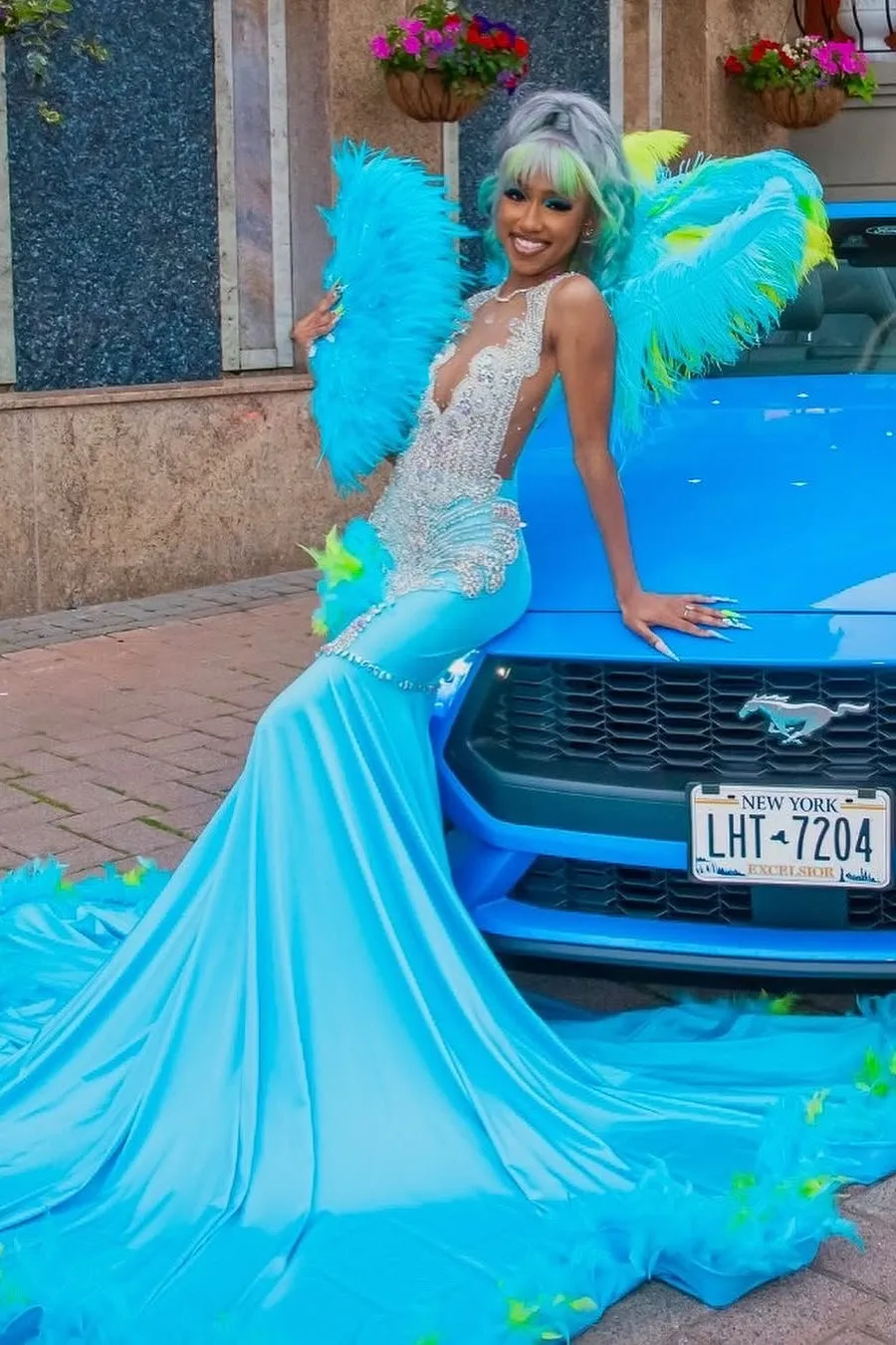 Elegant Blue Silver Sequined Feathers Mermaid Long Prom Dresses
