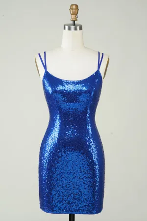 Elegant Royal Blue Sequined Backless Tight Homecoming Dress