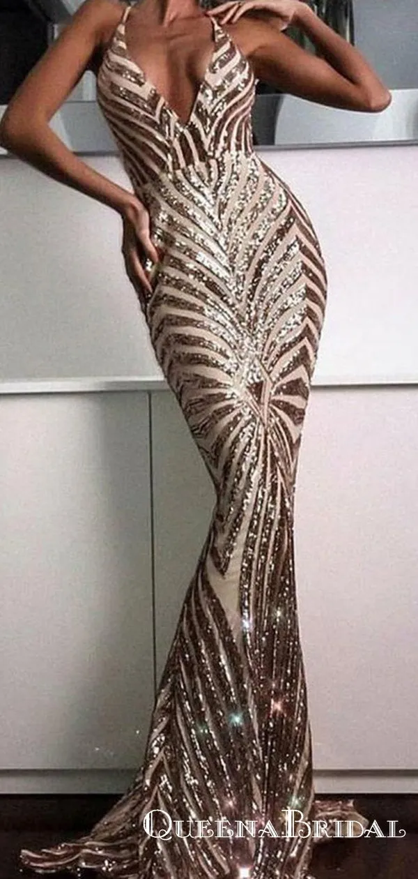 Elegant Spaghetti Straps Gold Sequined Mermaid Long Formal Prom Dresses, QB0580